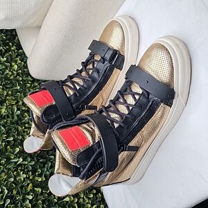 Giuseppe ZanottiMen's Metallic Leather Mesh High-Top Sneaker, Gold